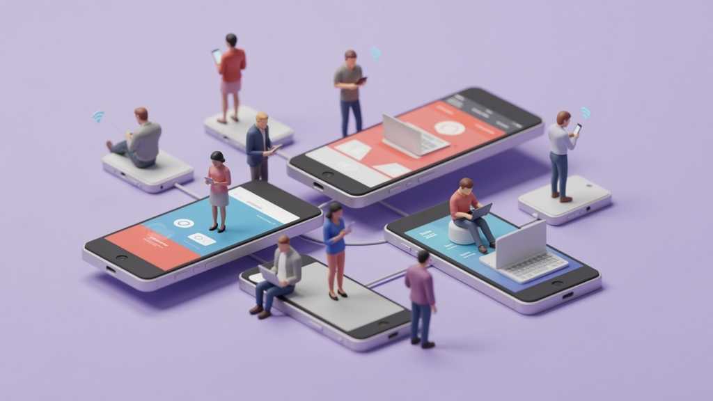 miniature diorama scene of workers standing on giant mobile phones using laptops and other devices