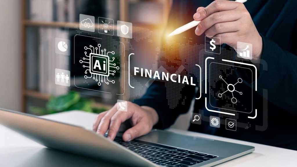 Geschäftsmann mit Laptop-Anschluss an das Finanzkonzept von AI Tech, globale AI-Verbindung von Anwendungstechnologie und digitalem Marketing, Finanzzentren, Geldmanagement, virtuelles Banking.