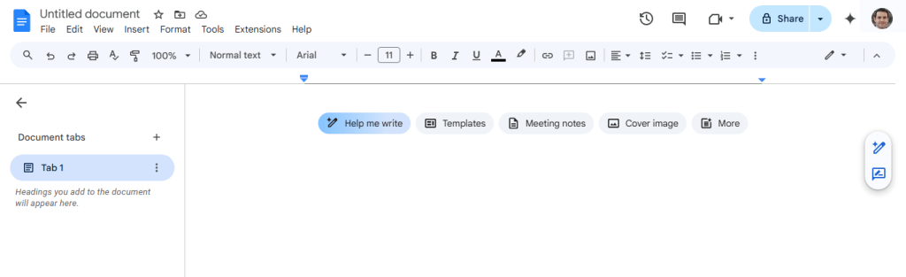 a new google doc under a workspace plan with gemini powered quick start buttons