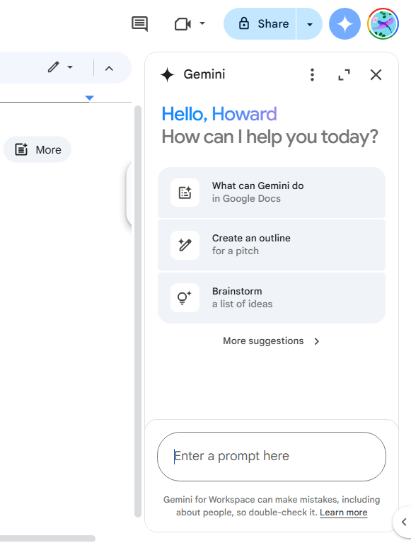 gemini sidebar showing suggested actions in google docs