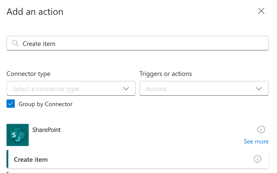 searching for create item action on add an action screen in power automate