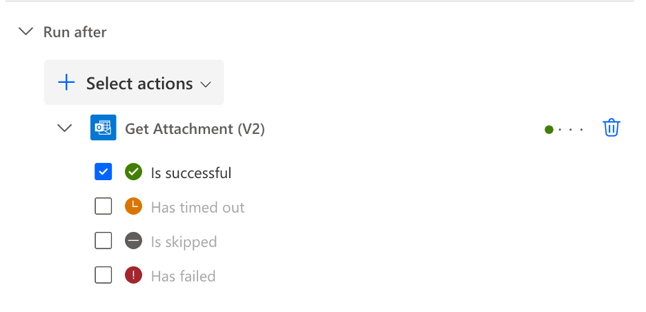 setting up run after actions for a flow item in power automate