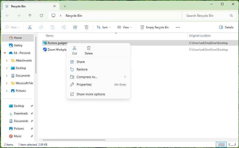 right click menu for file in windows recycle bin