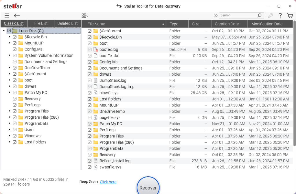 stellar data recovery window showing recoverable files